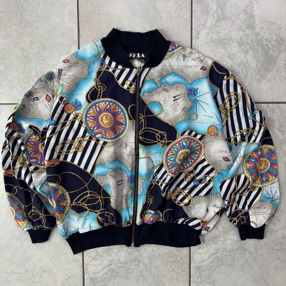 Vintage 90s JKLA Womens M Lightweight Colorful Baroque Map Zip Bomber Jacket - Picture 8 of 8